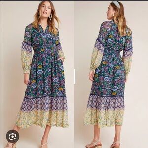 Anthropologie Maeve Ondine Bohemian Floral Long Sleeved Midi Dress